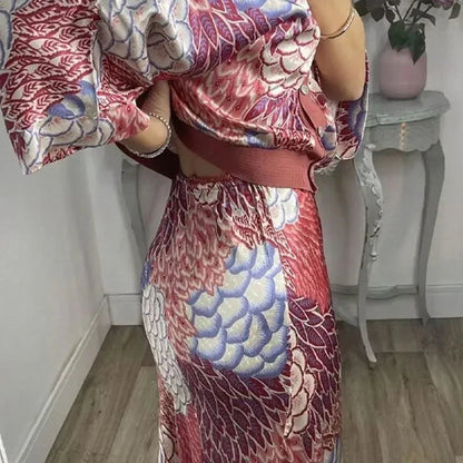 Conjunto Sakura™ em Cetim Premium com Blusa Kimono e Saia Longa Estampada /  Feminilidade Sofisticada que Brilha em Qualquer Ocasião!