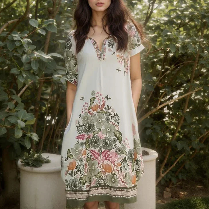 Vestido Primavera™ em Cetim Flora com Estampa Artística / Leveza Romântica e Brilho Atemporal para Mulheres de Bom Gosto!