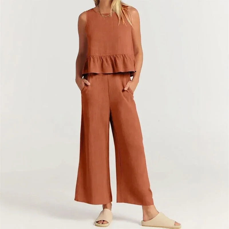 Conjunto Agatha™ Em Linho Misto com Babados / Minimalismo Elegante para Mulheres de Estilo!