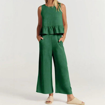 Conjunto Agatha™ Em Linho Misto com Babados / Minimalismo Elegante para Mulheres de Estilo!