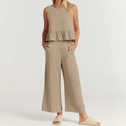 Conjunto Agatha™ Em Linho Misto com Babados / Minimalismo Elegante para Mulheres de Estilo!