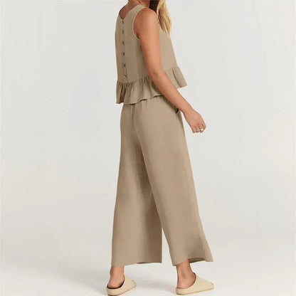Conjunto Agatha™ Em Linho Misto com Babados / Minimalismo Elegante para Mulheres de Estilo!