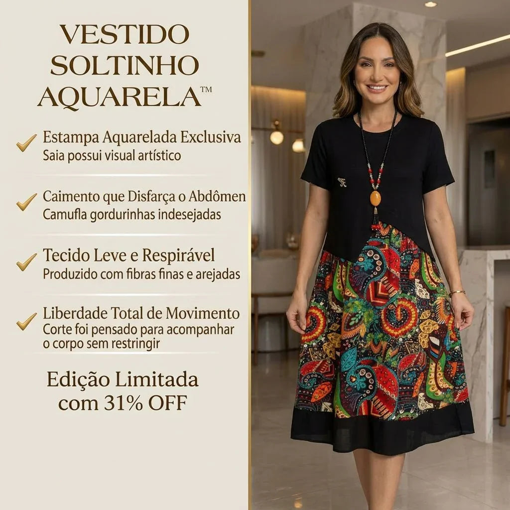 Vestido Soltinho Aquarela™ Frescor Artístico / Estampa Charmosa e Caimento Sútil pra Todas Ocasiões!