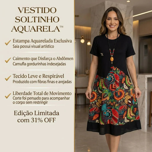 Vestido Soltinho Aquarela™ Frescor Artístico / Estampa Charmosa e Caimento Sútil pra Todas Ocasiões!