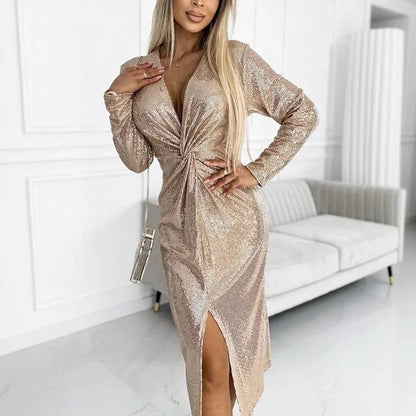 Vestido Royal Glow™ com Fenda Elegante e Tecido com Efeito Metalizado