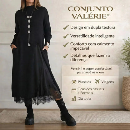 Conjunto Valérie™ de Vestido Acetinado com Babados e Sobreposição Longa com Fenda