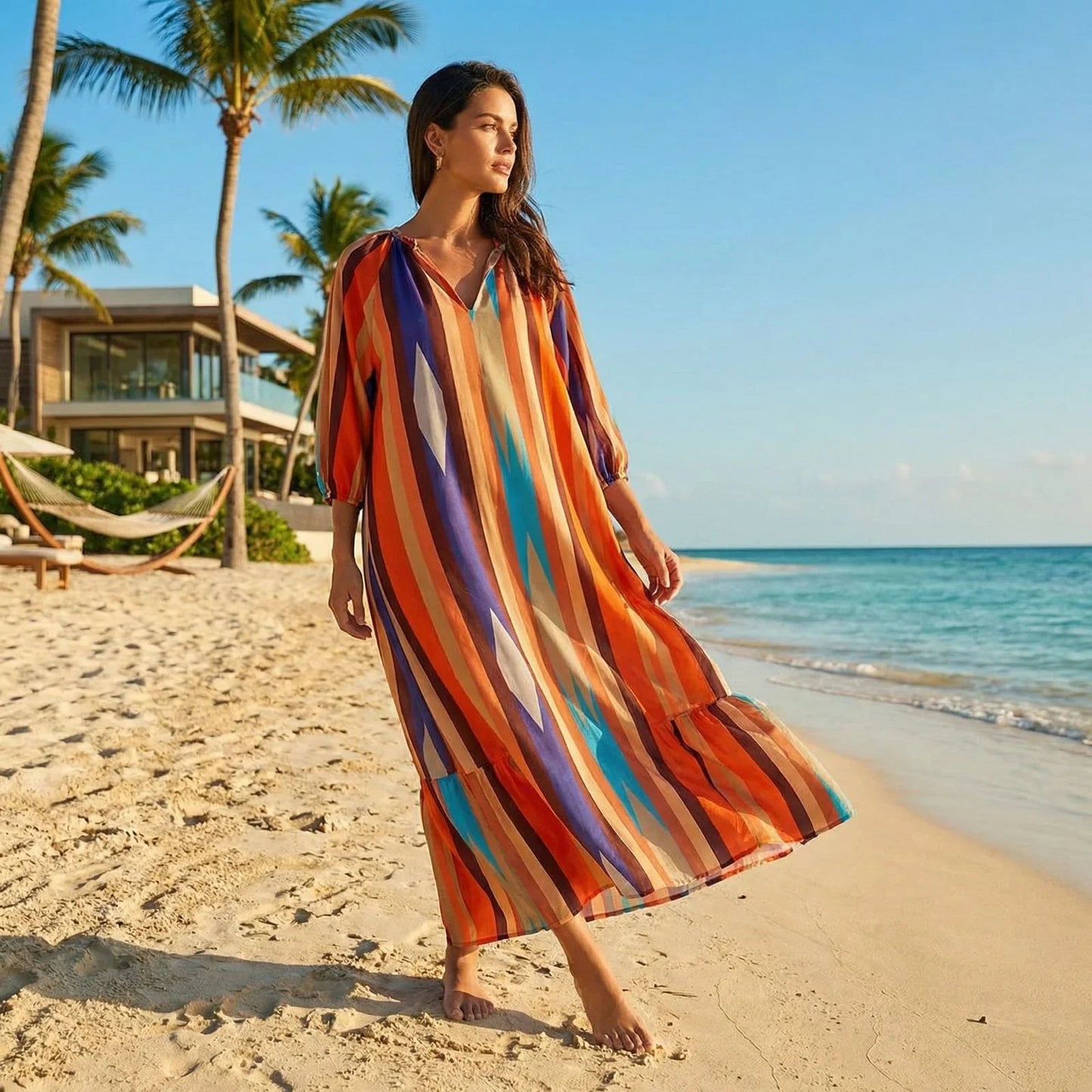 Vestido Camélia™ em Viscose com Decote em V e Mangas Levemente Bufantes