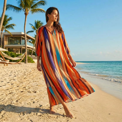 Vestido Camélia™ em Viscose com Decote em V e Mangas Levemente Bufantes