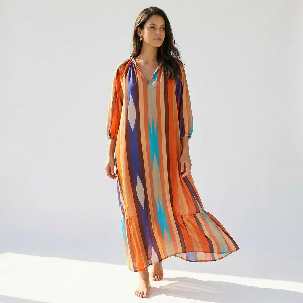Vestido Camélia™ em Viscose com Decote em V e Mangas Levemente Bufantes