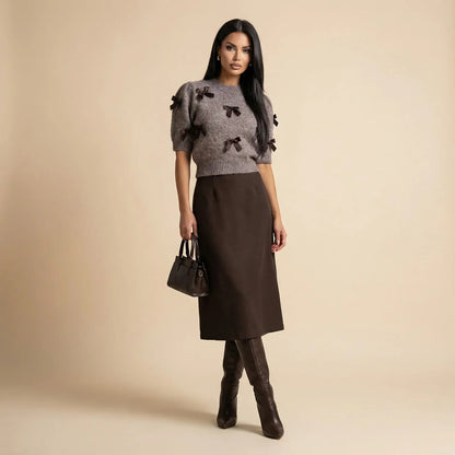 Conjunto Valentina Paris™ de Vestido Acetinado e Blusinha em Tricô com Laços