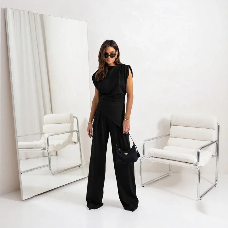 Conjunto Bellanova™ com Blusa de Design Drapeado e Calça Pantalona Elegante