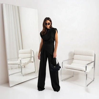 Conjunto Bellanova™ com Blusa de Design Drapeado e Calça Pantalona Elegante