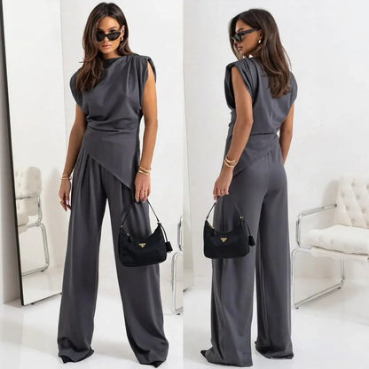 Conjunto Bellanova™ com Blusa de Design Drapeado e Calça Pantalona Elegante