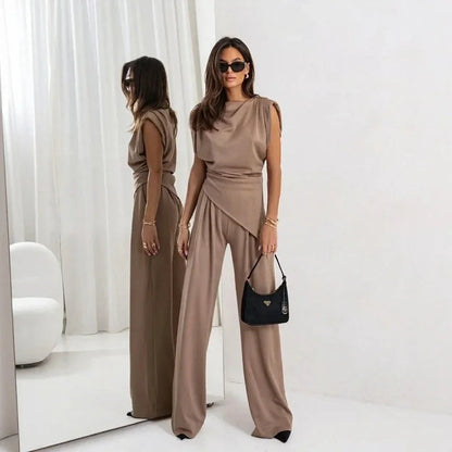 Conjunto Bellanova™ com Blusa de Design Drapeado e Calça Pantalona Elegante