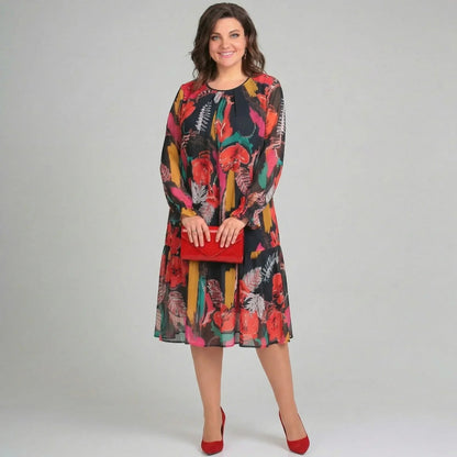 Vestido Gardênia™ com Mangas Fluidas e Estampa Vibrante