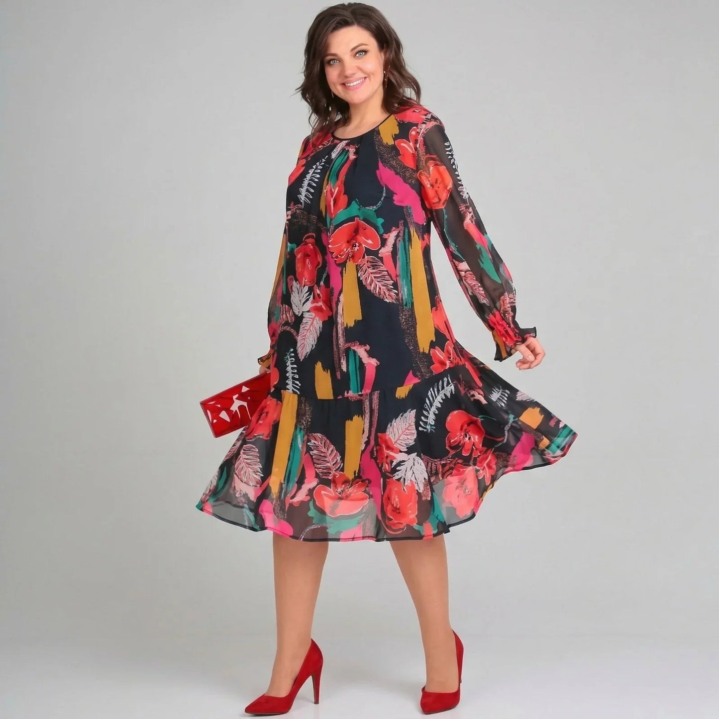 Vestido Gardênia™ com Mangas Fluidas e Estampa Vibrante