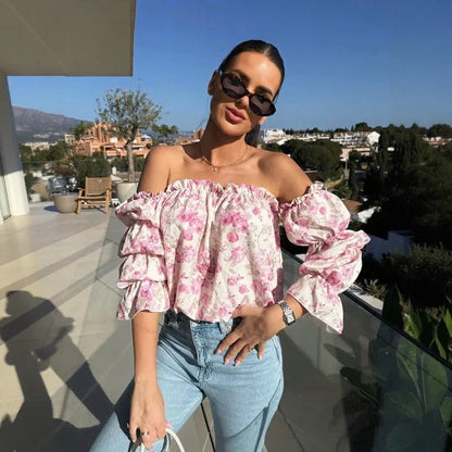 Blusa Florenze™  Ombro a Ombro com Design Floral Elegante