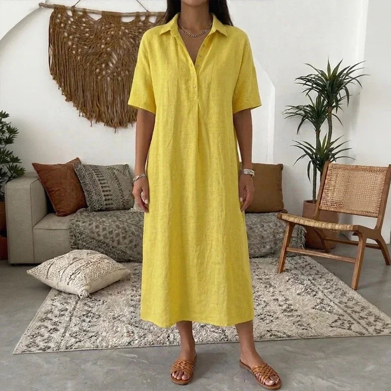 Vestido Bianca™ em Linho com Colarinho Clássico e Botões Frontais