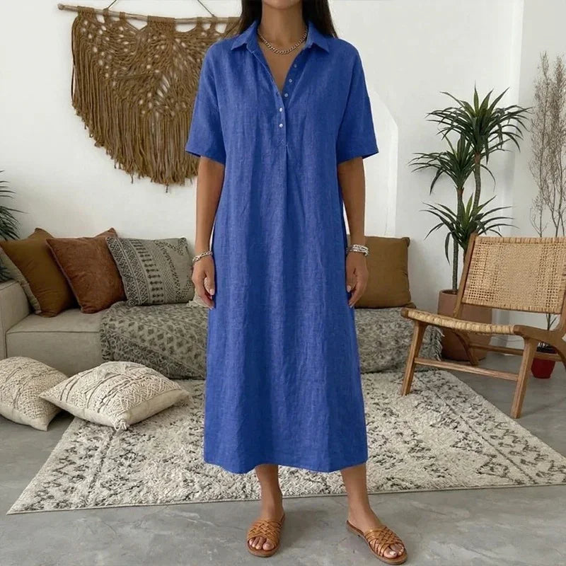 Vestido Bianca™ em Linho com Colarinho Clássico e Botões Frontais