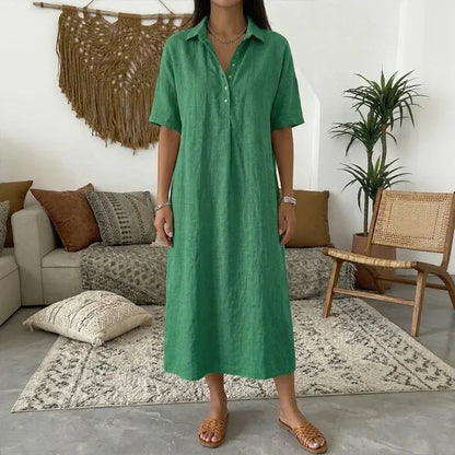 Vestido Bianca™ em Linho com Colarinho Clássico e Botões Frontais