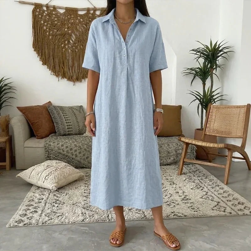 Vestido Bianca™ em Linho com Colarinho Clássico e Botões Frontais