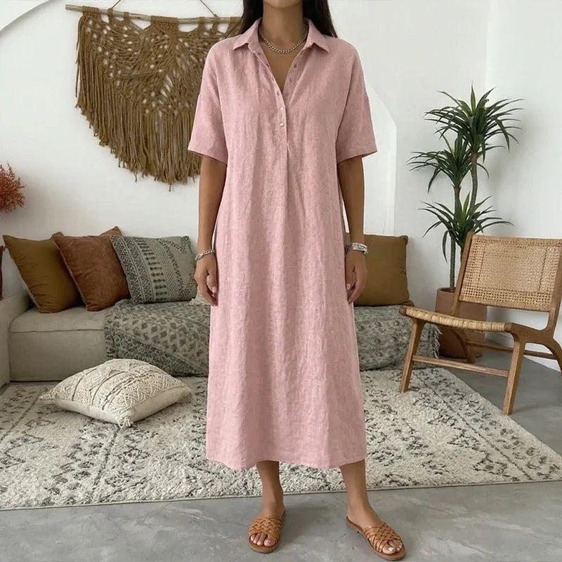 Vestido Bianca™ em Linho com Colarinho Clássico e Botões Frontais