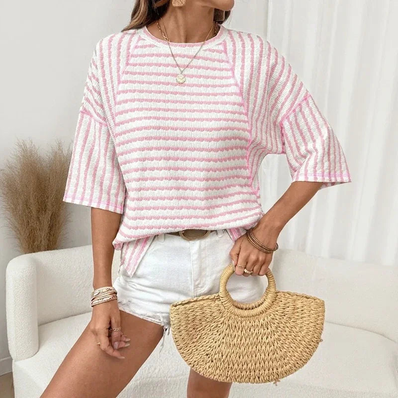 Blusa Dailynne™ Oversized com Design Listrado e Tecido Texturizado
