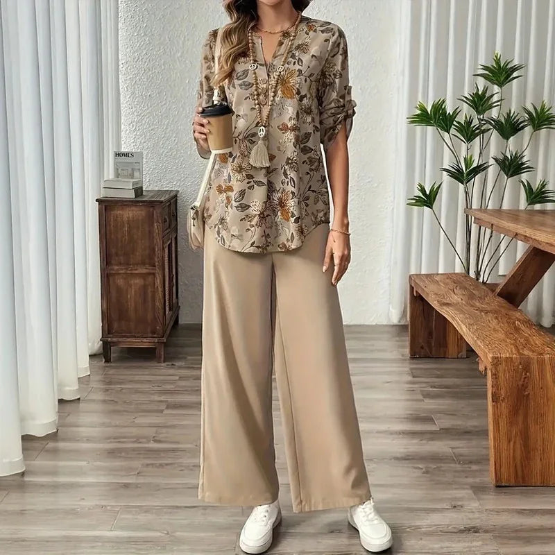Conjunto Arvella™ com Camisa Estampada e Pantalona Elegante