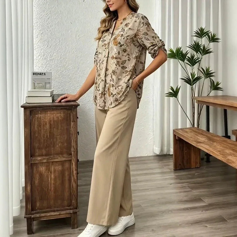 Conjunto Arvella™ com Camisa Estampada e Pantalona Elegante