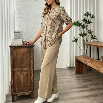 Conjunto Arvella™ com Camisa Estampada e Pantalona Elegante