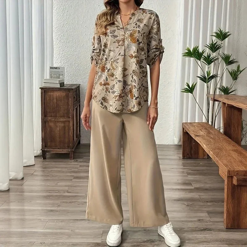 Conjunto Arvella™ com Camisa Estampada e Pantalona Elegante