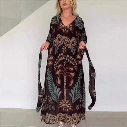 Vestido Kaftan Orlena™ com Estampa Artística e Cintura com Faixa Ajustável