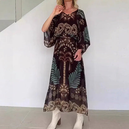 Vestido Kaftan Orlena™ com Estampa Artística e Cintura com Faixa Ajustável