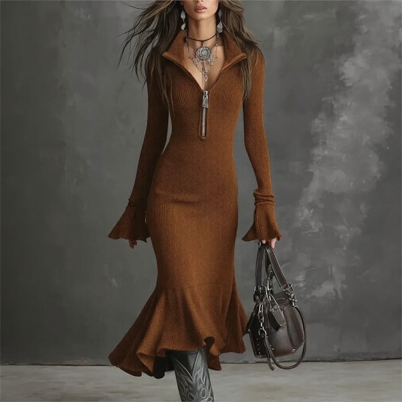 Vestido Evora Luxe™ Em Malha Canelada Com Zíper Frontal e Barra Sereia