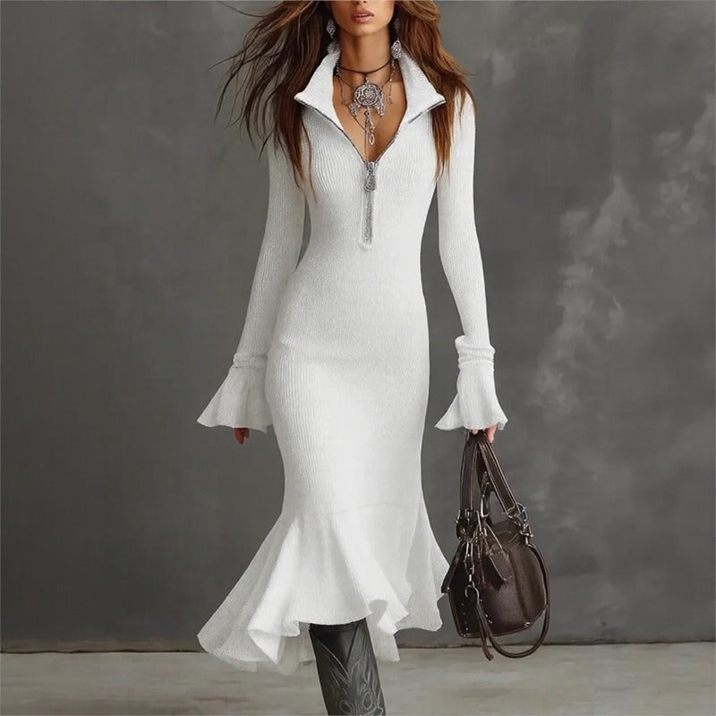 Vestido Evora Luxe™ Em Malha Canelada Com Zíper Frontal e Barra Sereia