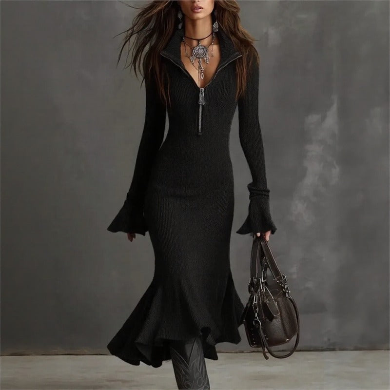Vestido Evora Luxe™ Em Malha Canelada Com Zíper Frontal e Barra Sereia