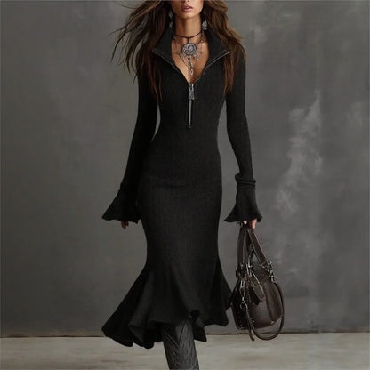 Vestido Evora Luxe™ Em Malha Canelada Com Zíper Frontal e Barra Sereia