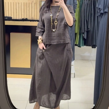 Conjunto Bellarive™ Em Linho de Algodão Com Blusa Ampla e Saia Transpassada