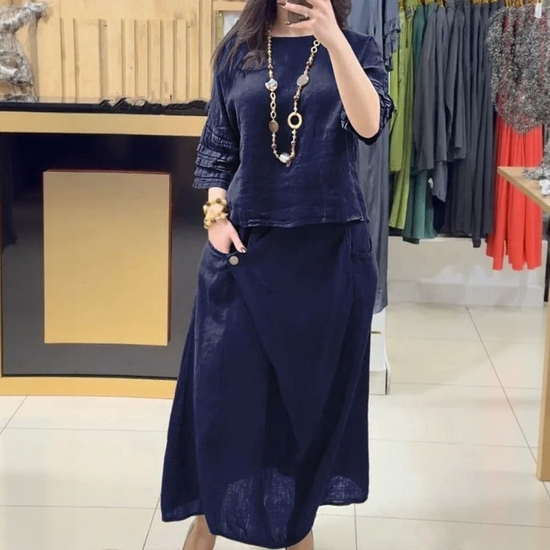 Conjunto Bellarive™ Em Linho de Algodão Com Blusa Ampla e Saia Transpassada