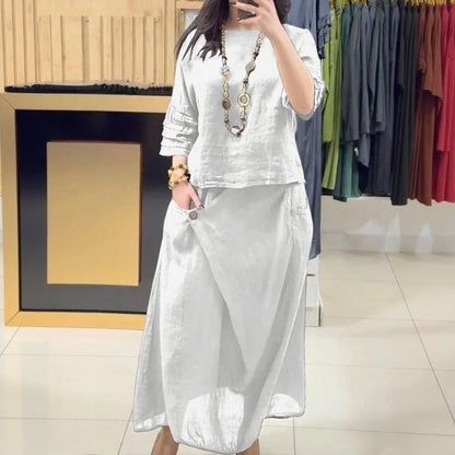 Conjunto Bellarive™ Em Linho de Algodão Com Blusa Ampla e Saia Transpassada