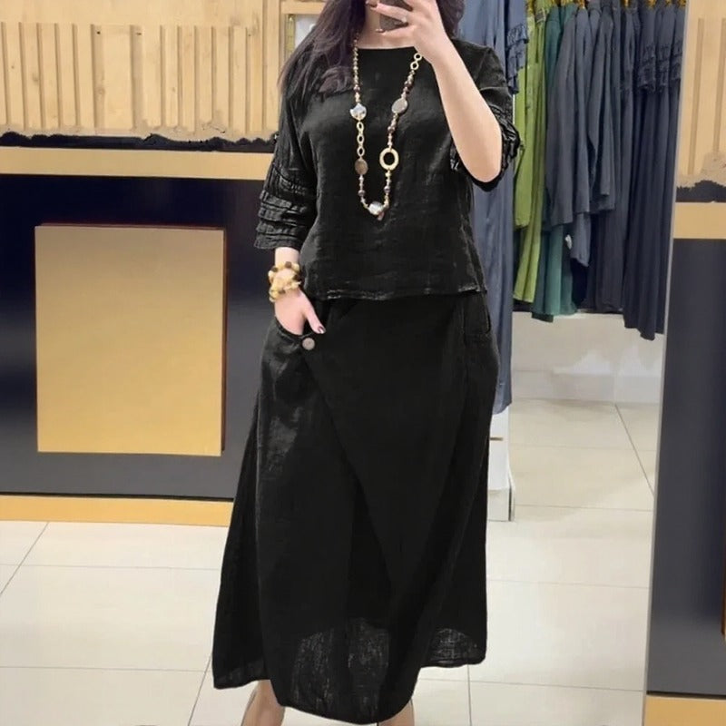 Conjunto Bellarive™ Em Linho de Algodão Com Blusa Ampla e Saia Transpassada