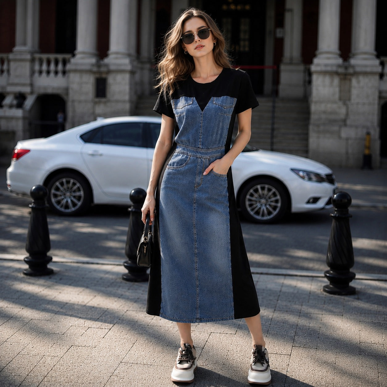 Vestido Alisse™ com Painel Jeans e Design Moderno