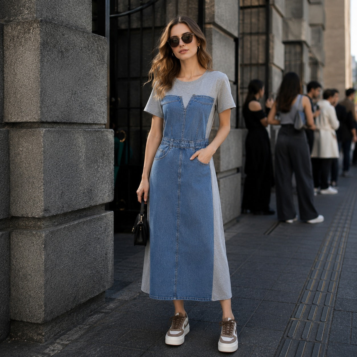 Vestido Alisse™ com Painel Jeans e Design Moderno