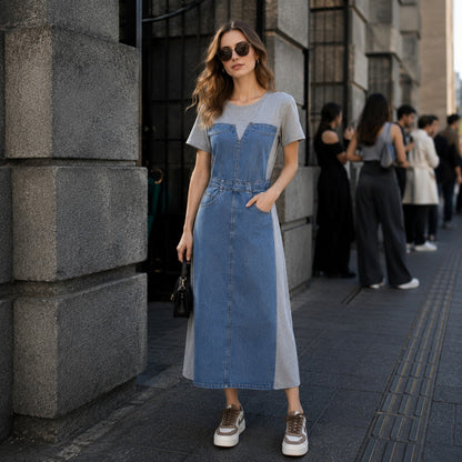 Vestido Alisse™ com Painel Jeans e Design Moderno