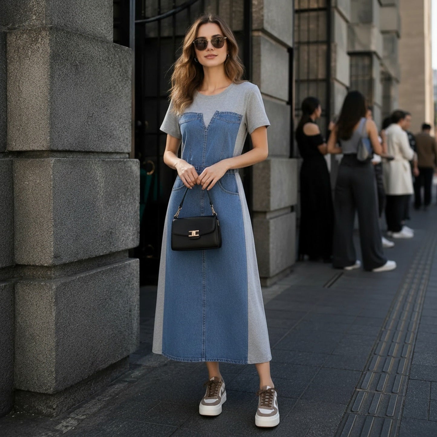 Vestido Alisse™ com Painel Jeans e Design Moderno