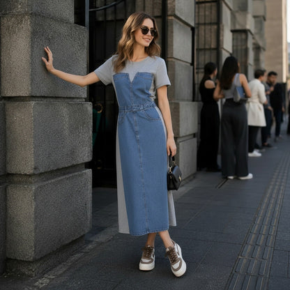 Vestido Alisse™ com Painel Jeans e Design Moderno