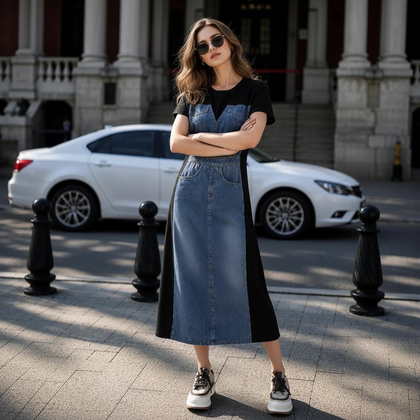 Vestido Alisse™ com Painel Jeans e Design Moderno