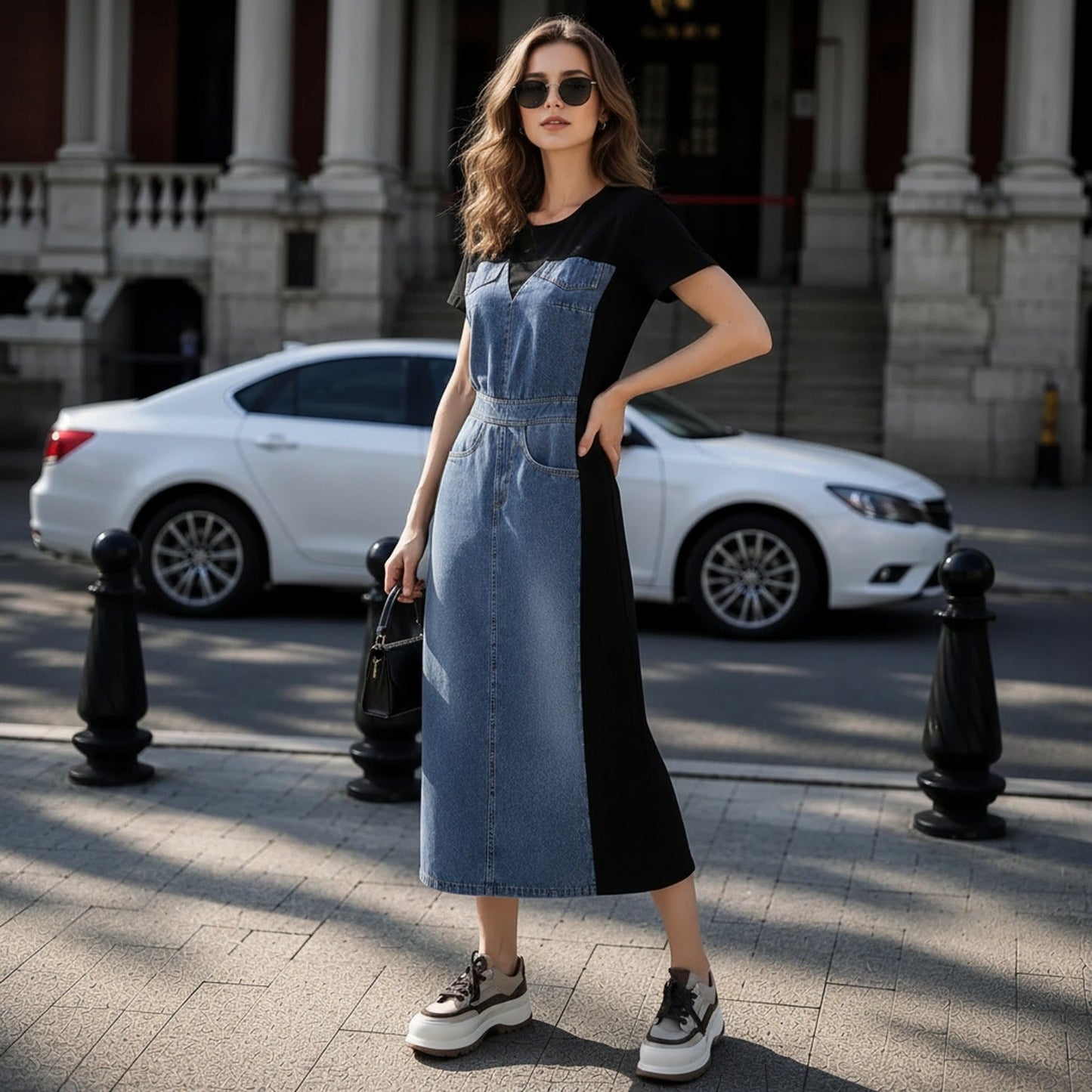 Vestido Alisse™ com Painel Jeans e Design Moderno