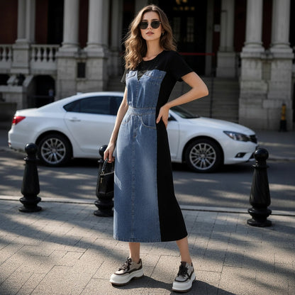 Vestido Alisse™ com Painel Jeans e Design Moderno