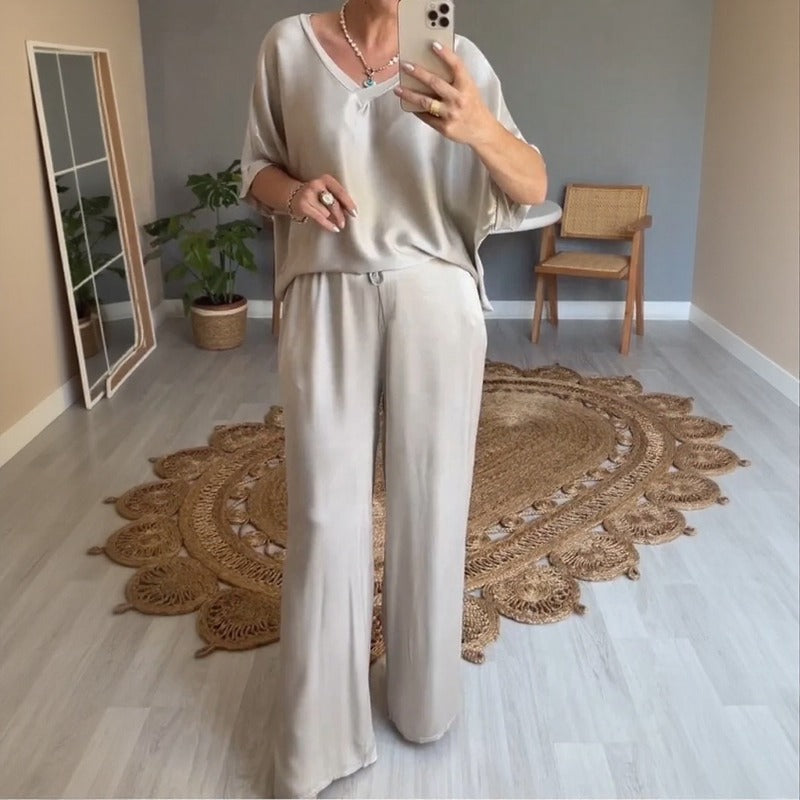 Conjunto Marevielle™ em Tecido Acetinado com Blusa Ampla e Pantalona Fluida
